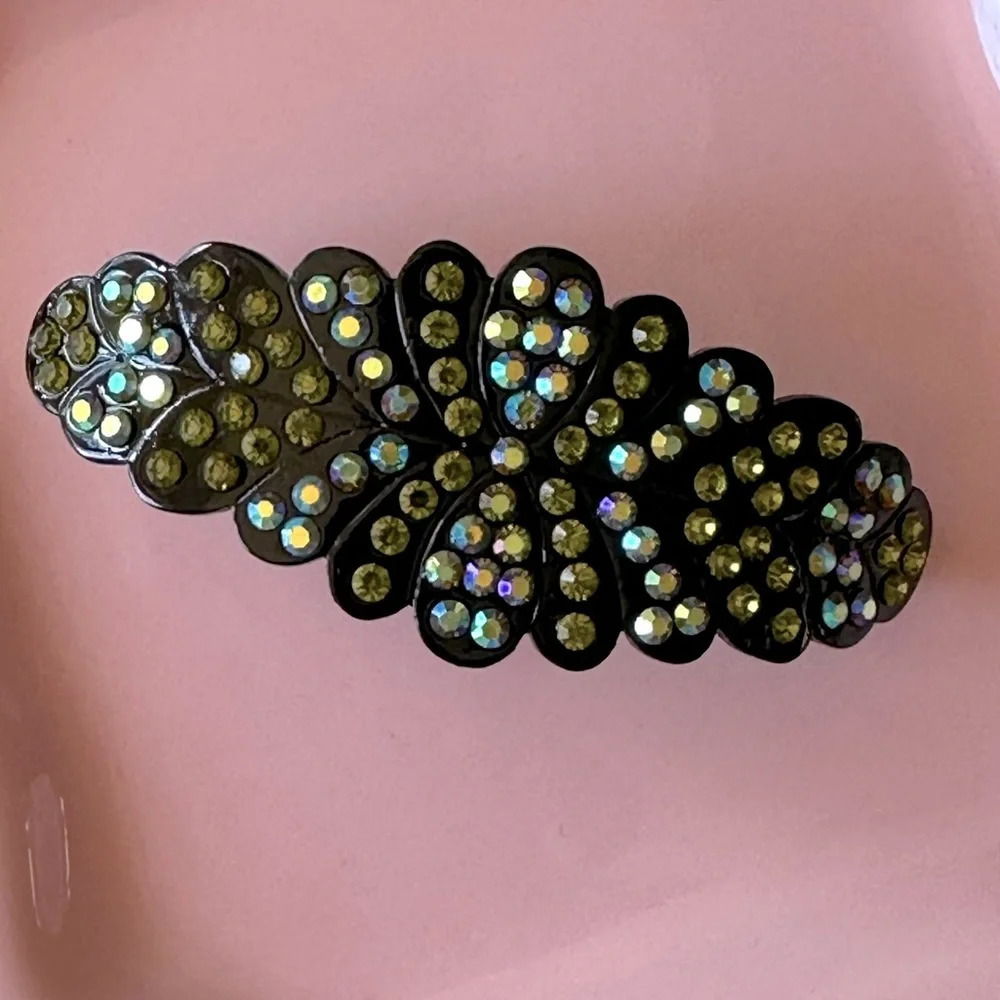 Olive Green Aurora Borealis Crystals set in Black Hematite Hair Barrette - Picture 3 of 7